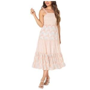 Celebrity Pink Floral Smocked Tiered Midi Dress Cottagecore Romantic Size Medium